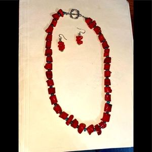 Red necklace with turquoise and earrings